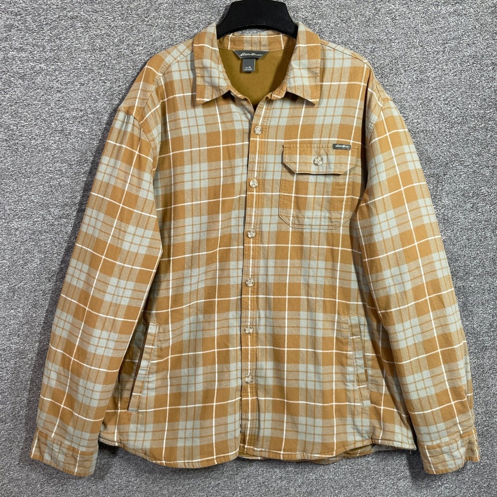 Eddie Bauer Jacket Mens XL Fleece Lined Flannel Shirt Jacket Plaid Rust Orange